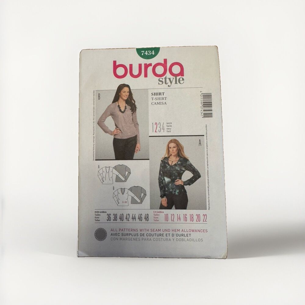 Burda Style Sewing Pattern 7434 Ladies Shirt Sizes 10-22 Plus Long Sleeve V Neck